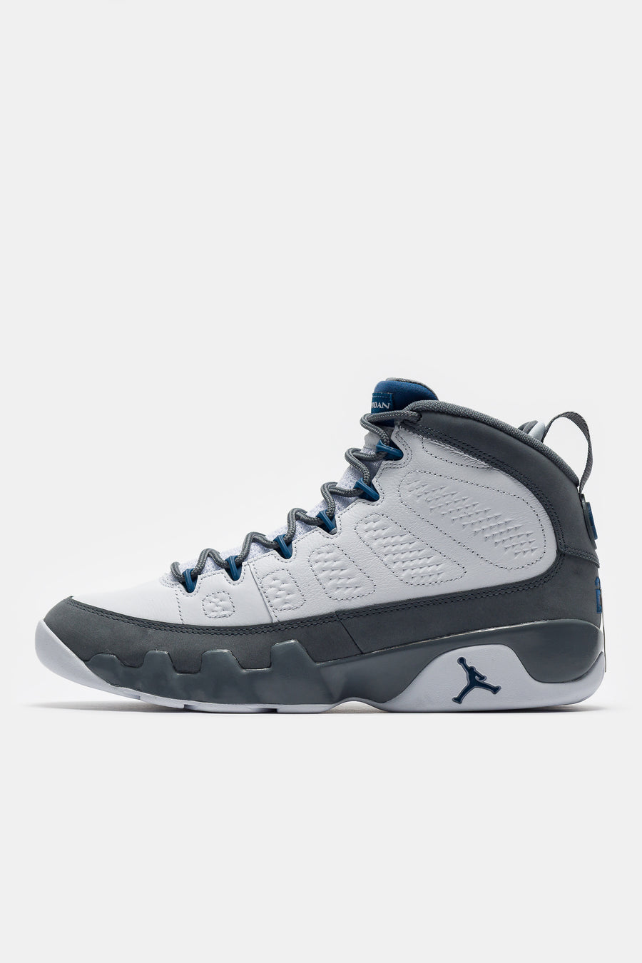 Air Jordan 9 Retro Sneaker in White/French Blue/Flint Grey