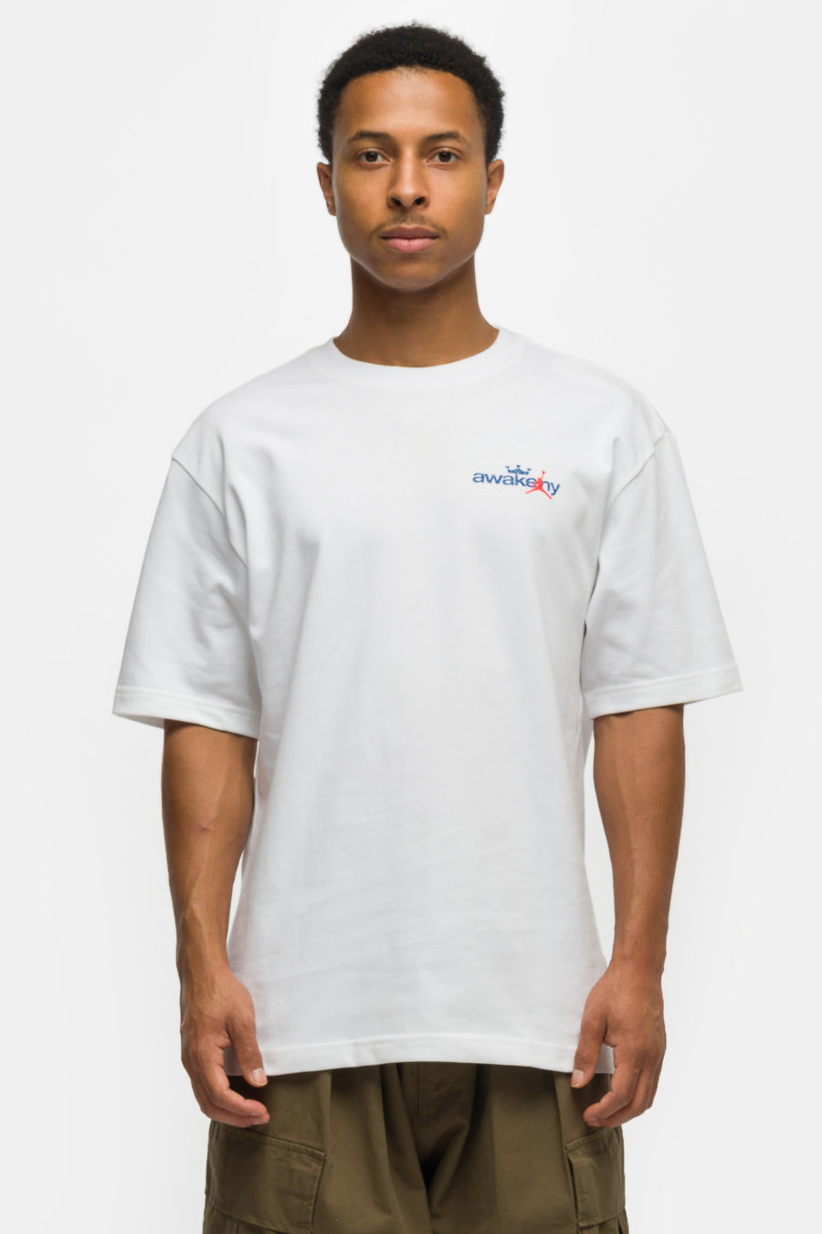 Jordan Awake NY T-Shirt in White/Light Blue/Game Royal/Infrared 23 - Notre