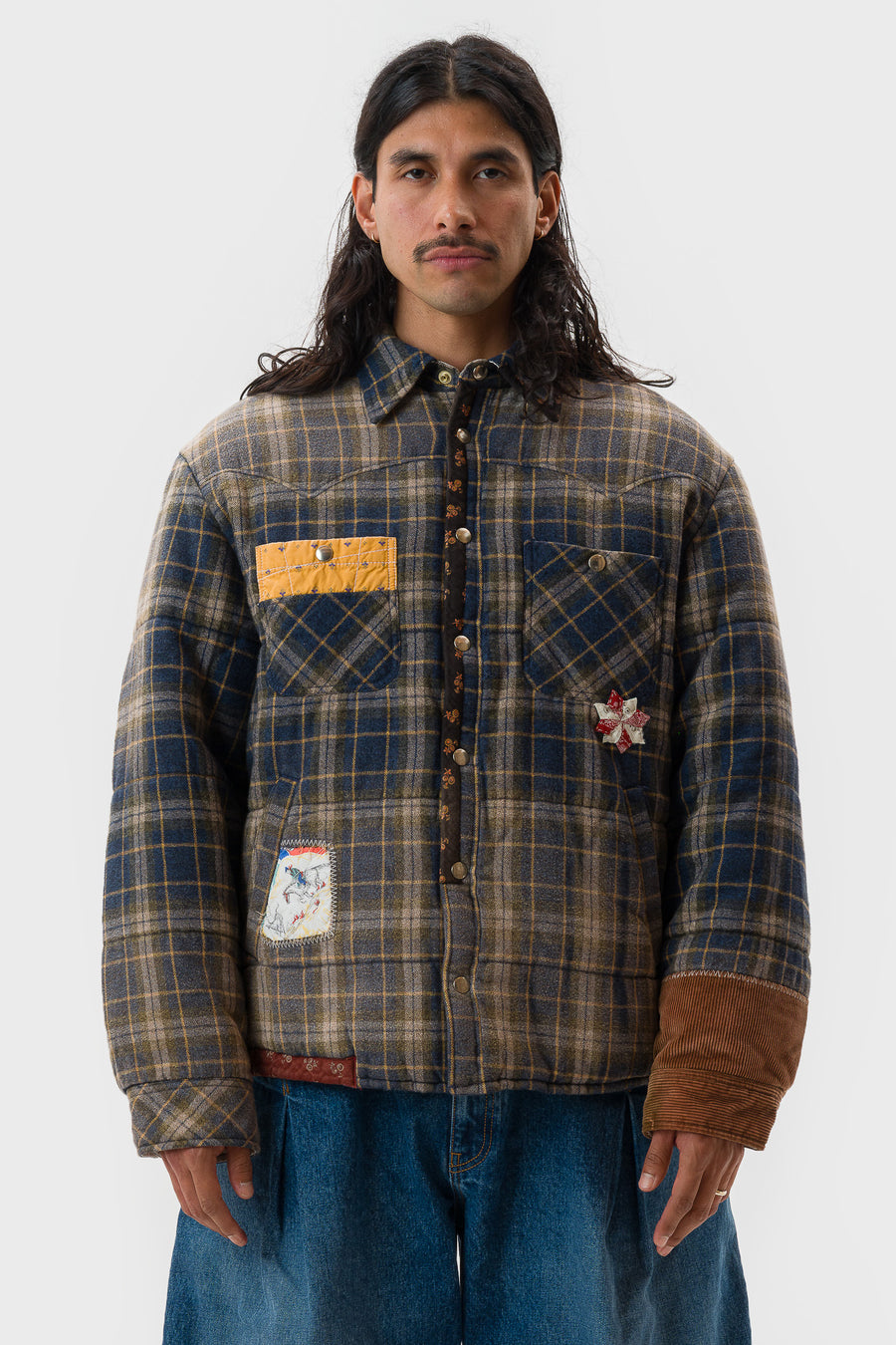 Khoki Vintage Effect Checked Puffer Jacket in Blue - Notre