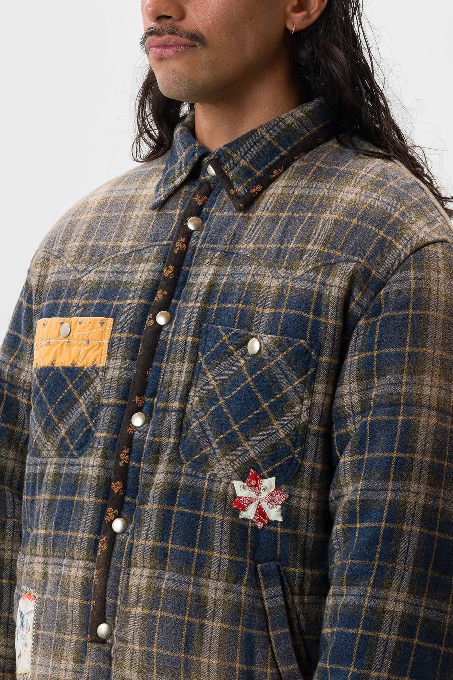 Khoki Vintage Effect Checked Puffer Jacket in Blue - Notre