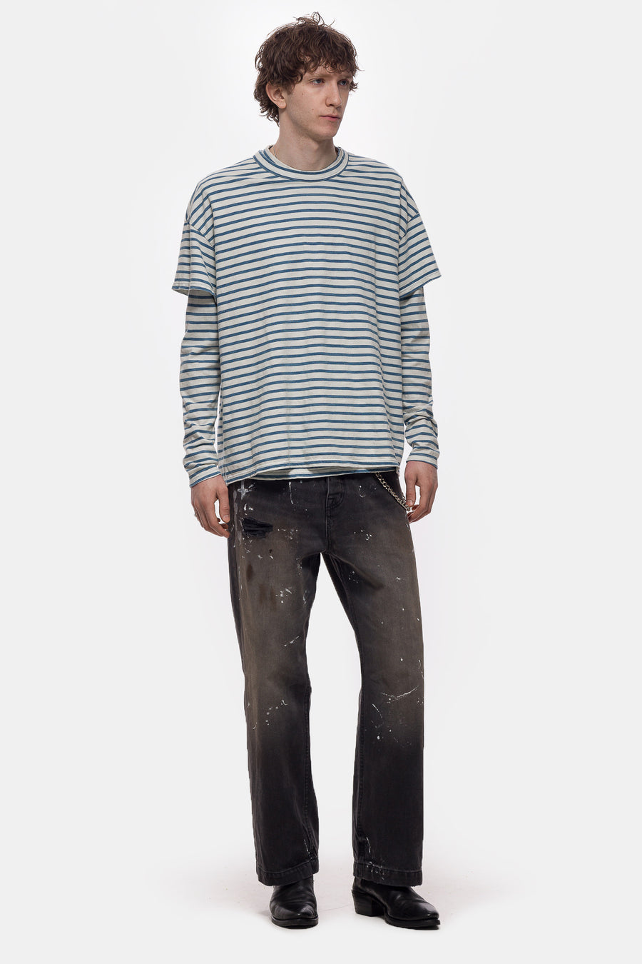 Les Tien Heavyweight Binded Neck Inside Out LS T-Shirt in Ivory Stripe - Notre