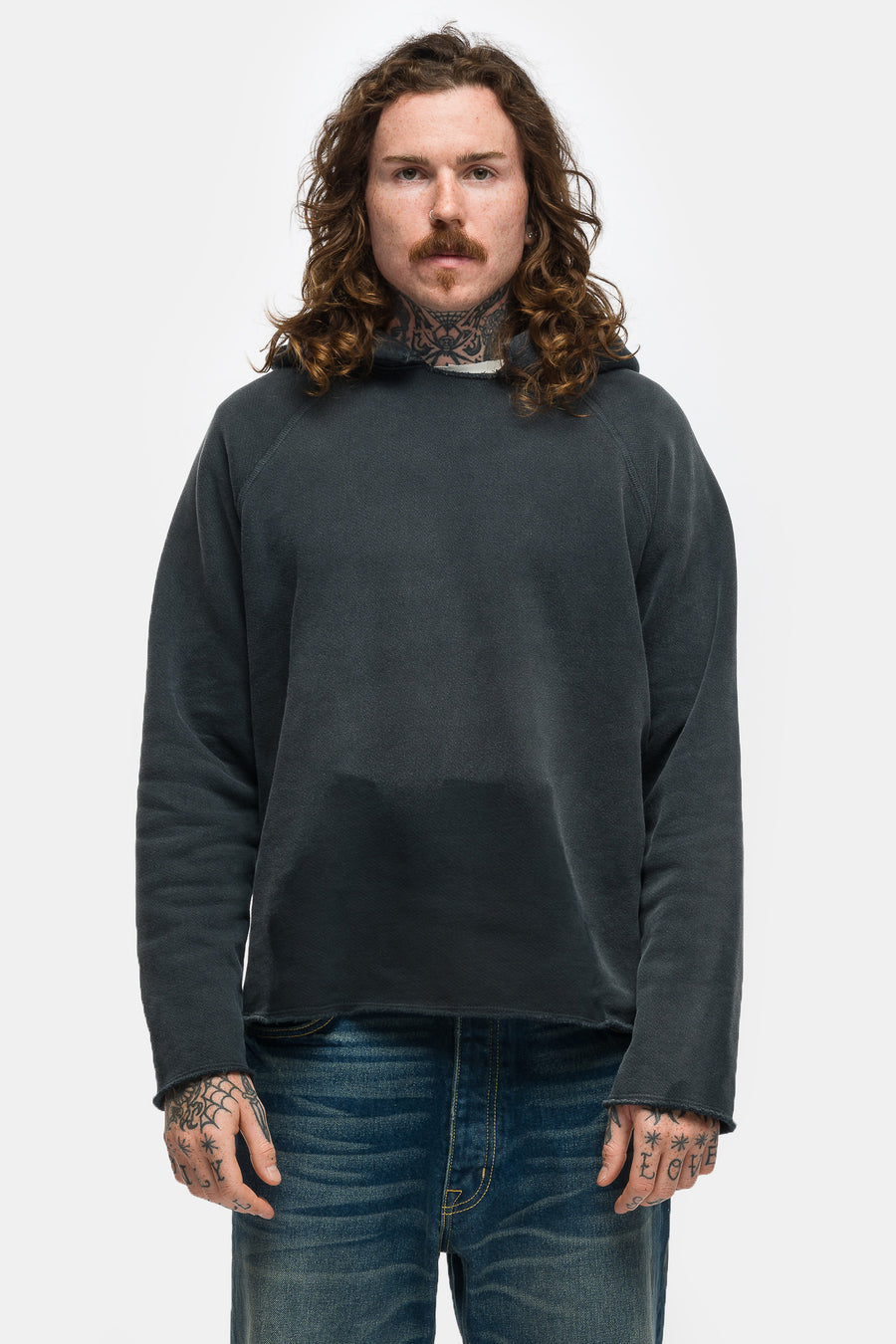 Heavyweight Raw Raglan Hoodie in Vintage Faded Black