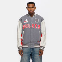 Palace x England Varsity Jacket in Cool Grey/White/Bright Crimson