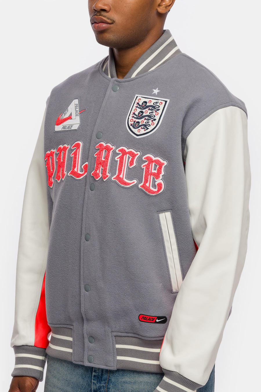 Nike Palace x England Varsity Jacket in Cool Grey/White/Bright Crimson - Notre