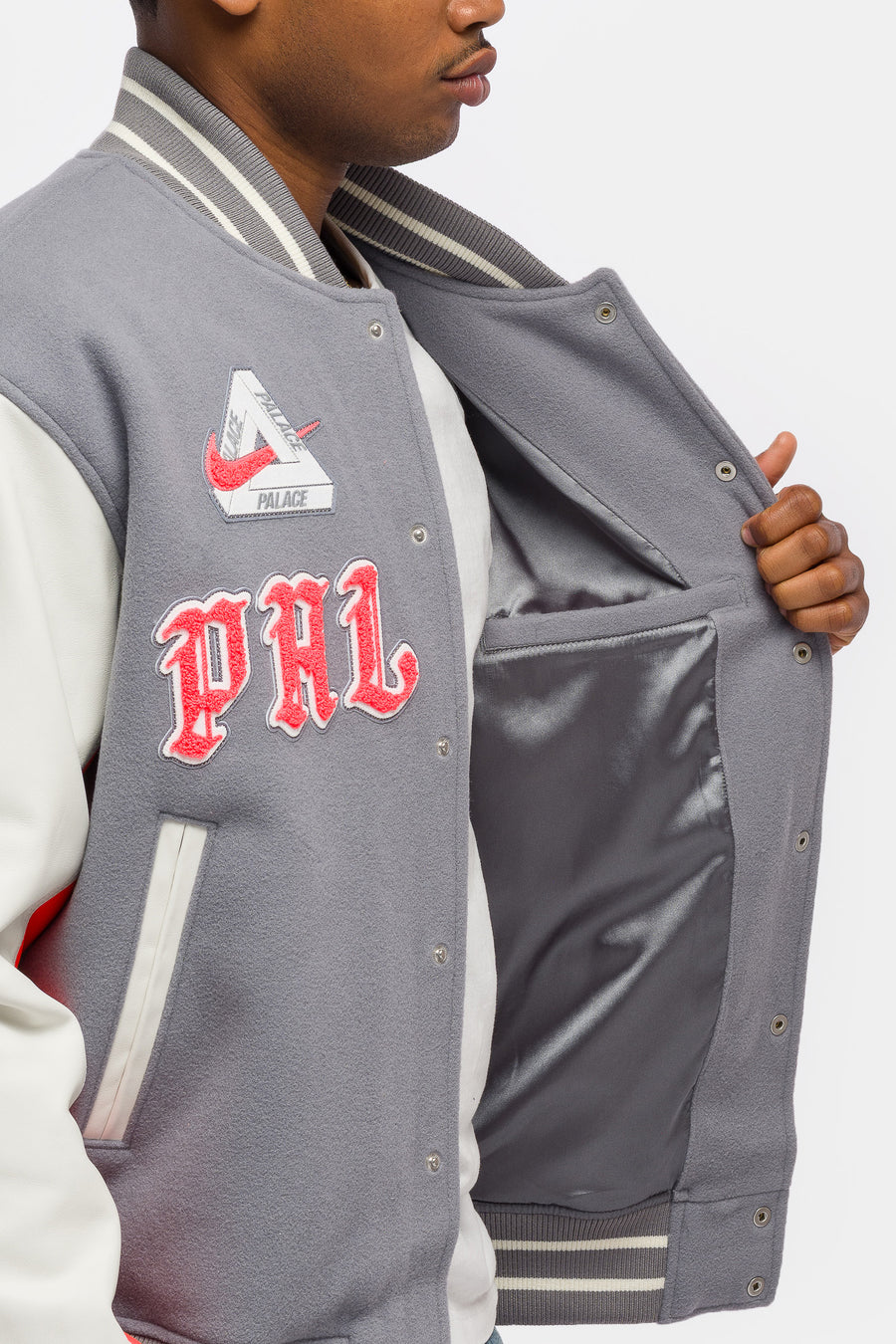 Nike Palace x England Varsity Jacket in Cool Grey/White/Bright Crimson - Notre