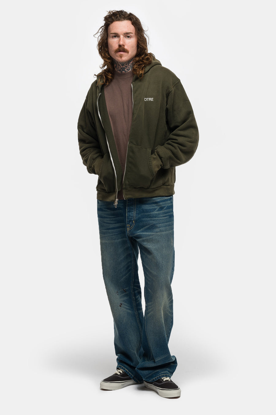 Logo Thermal Lined Zip Hoodie in Washed Olive