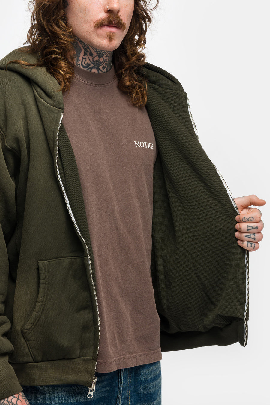 Logo Thermal Lined Zip Hoodie in Washed Olive