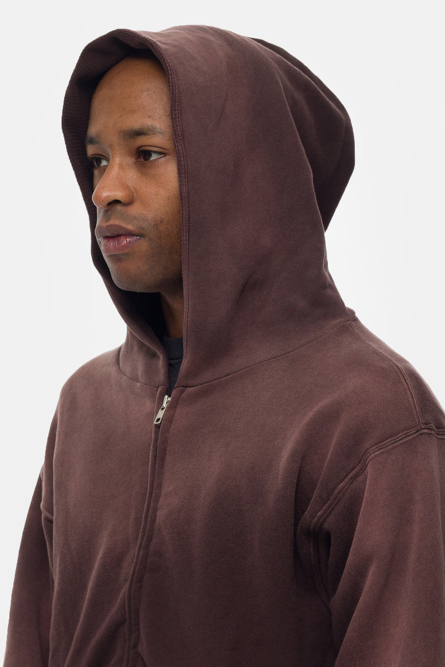 Washed Thermal Lined Zip Up Hoodie in Fig Brown