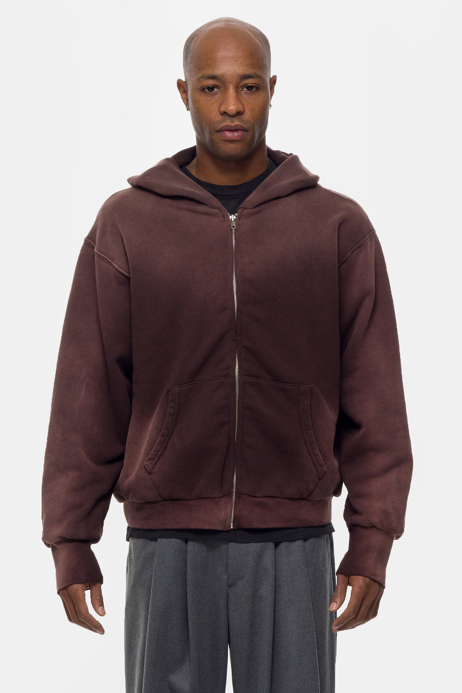Washed Thermal Lined Zip Up Hoodie in Fig Brown