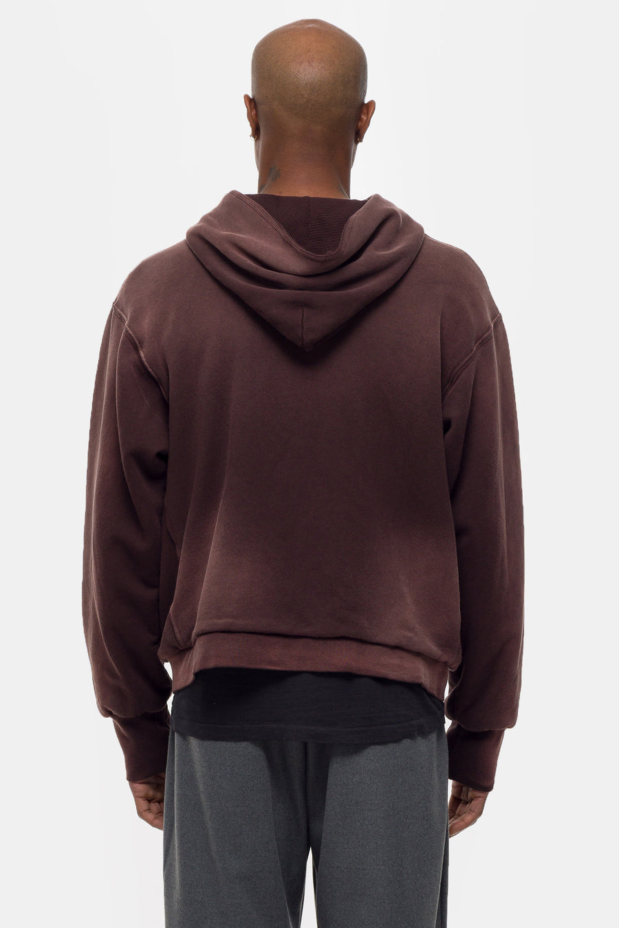 Washed Thermal Lined Zip Up Hoodie in Fig Brown