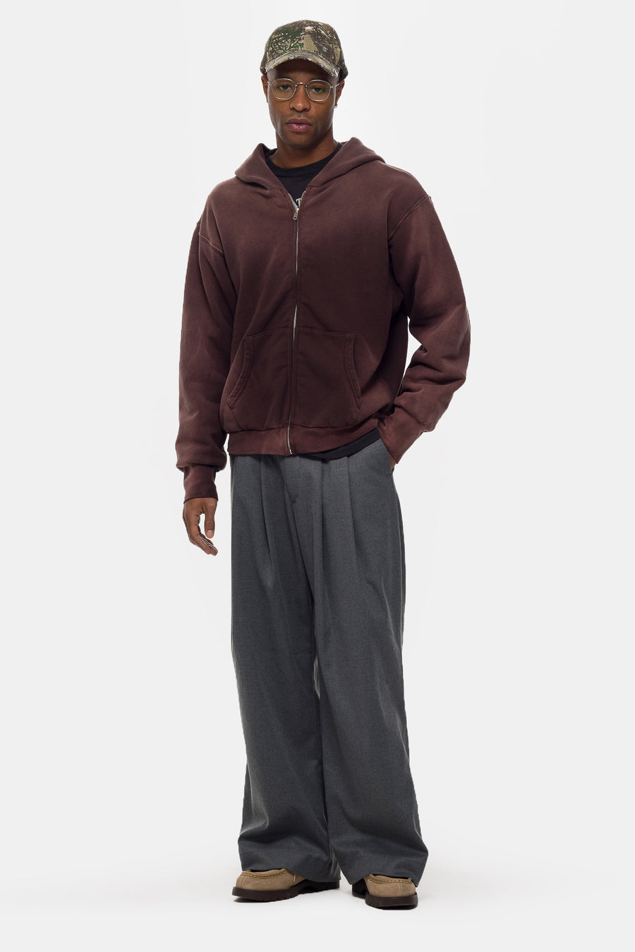 Washed Thermal Lined Zip Up Hoodie in Fig Brown