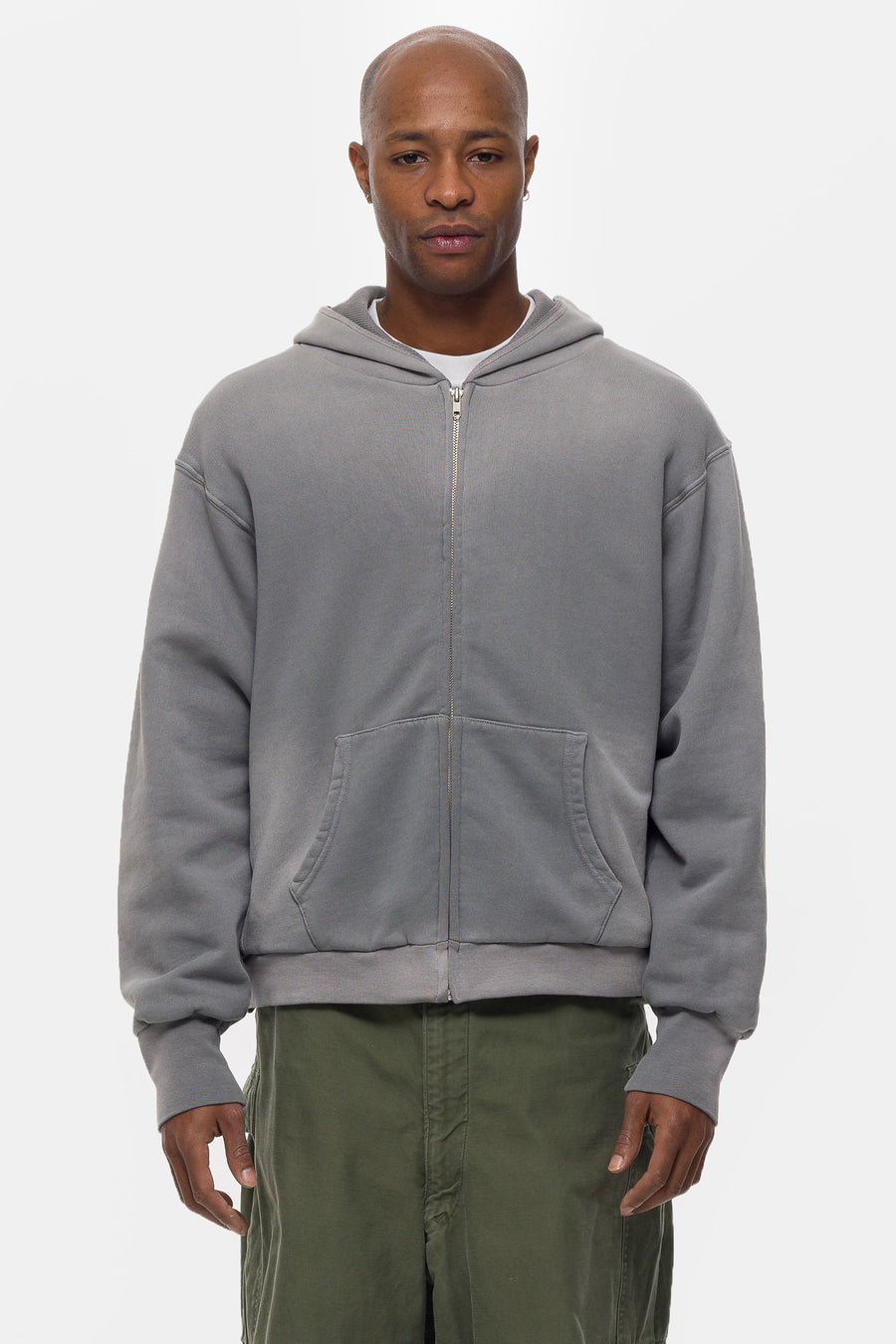 Washed Thermal Lined Zip Up Hoodie in Steel Grey