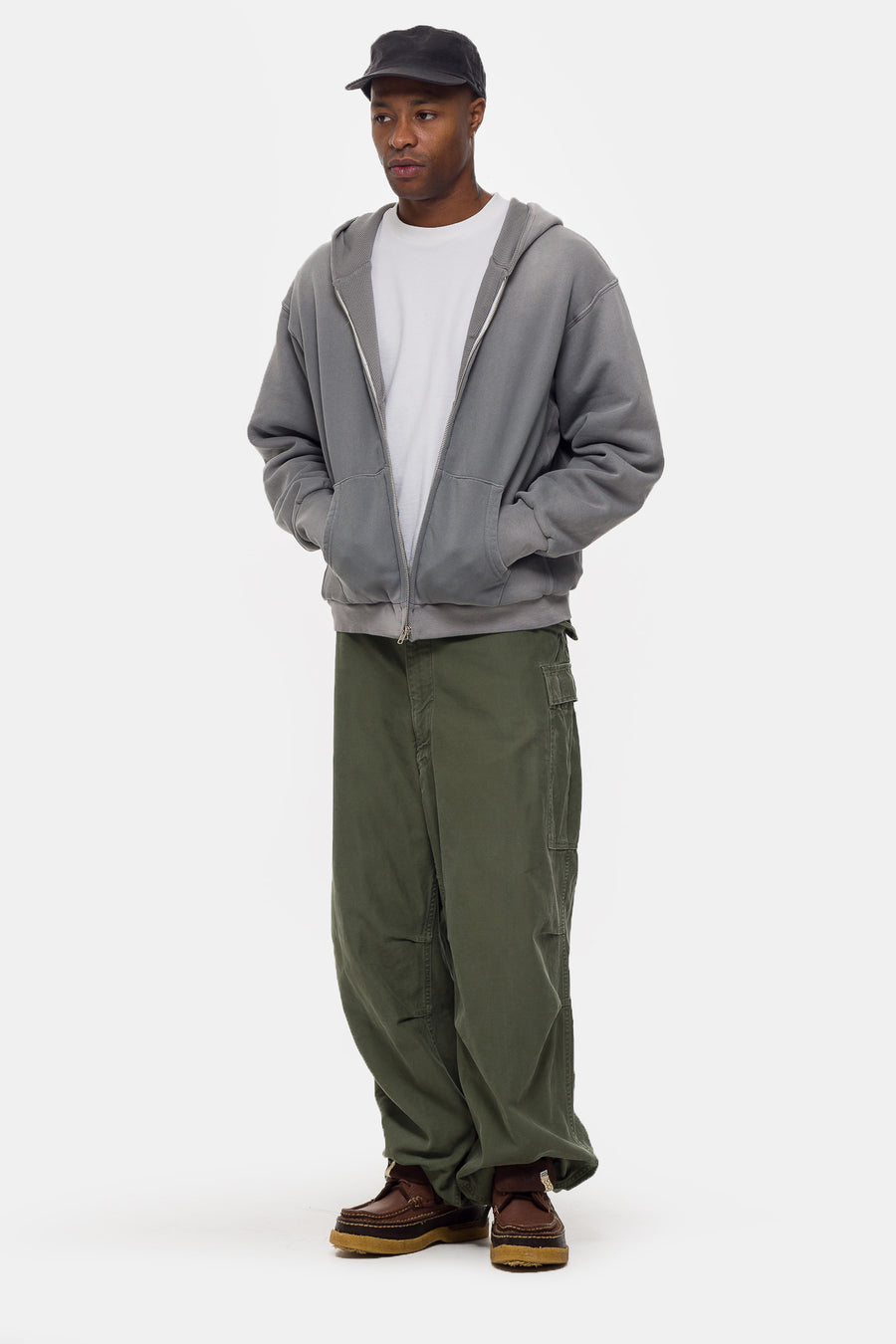 Washed Thermal Lined Zip Up Hoodie in Steel Grey