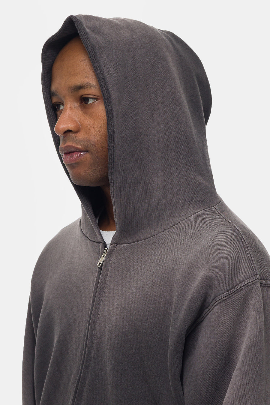 Washed Thermal Lined Zip Up Hoodie in Vintage Black