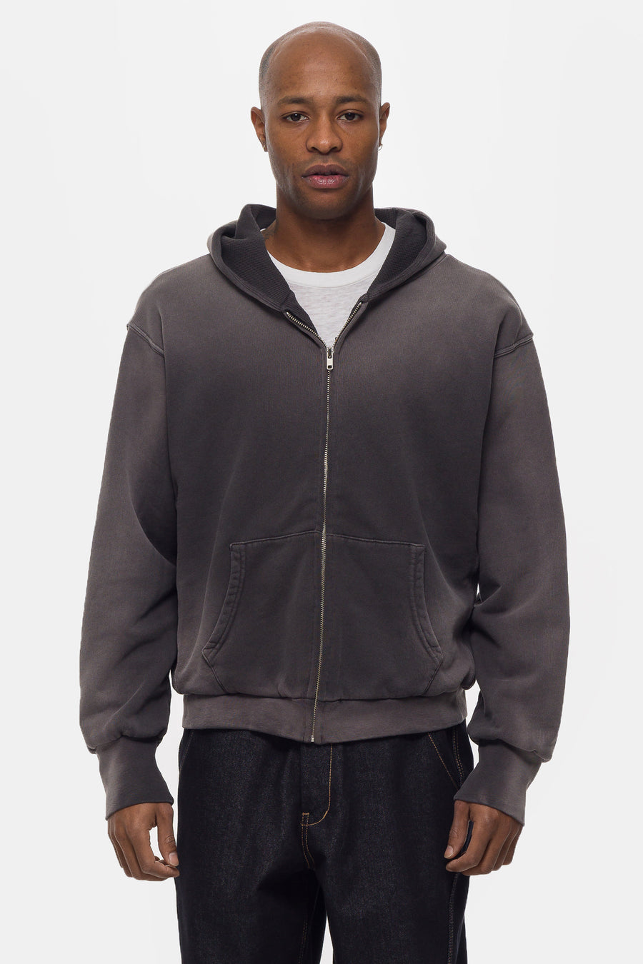 Washed Thermal Lined Zip Up Hoodie in Vintage Black