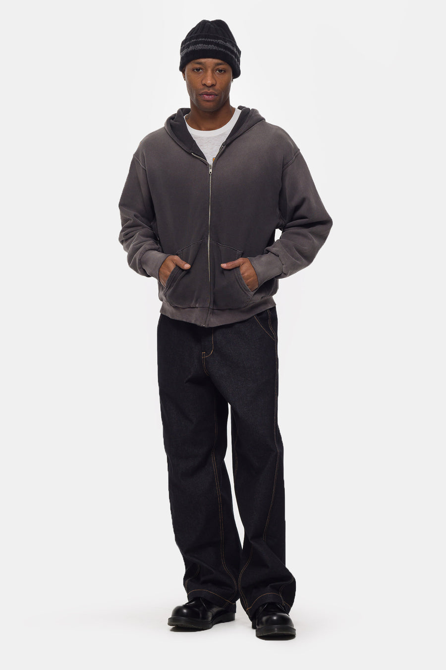 Washed Thermal Lined Zip Up Hoodie in Vintage Black