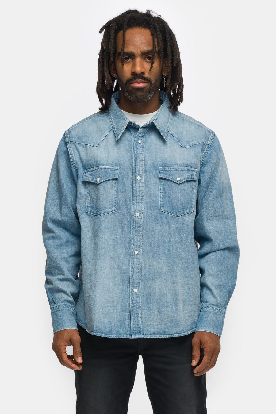 Social Sculpture DMGD Shirt in Light Indigo - VISVIM Social Sculpture DMGD Shirt in Light Indigo - VISVIM