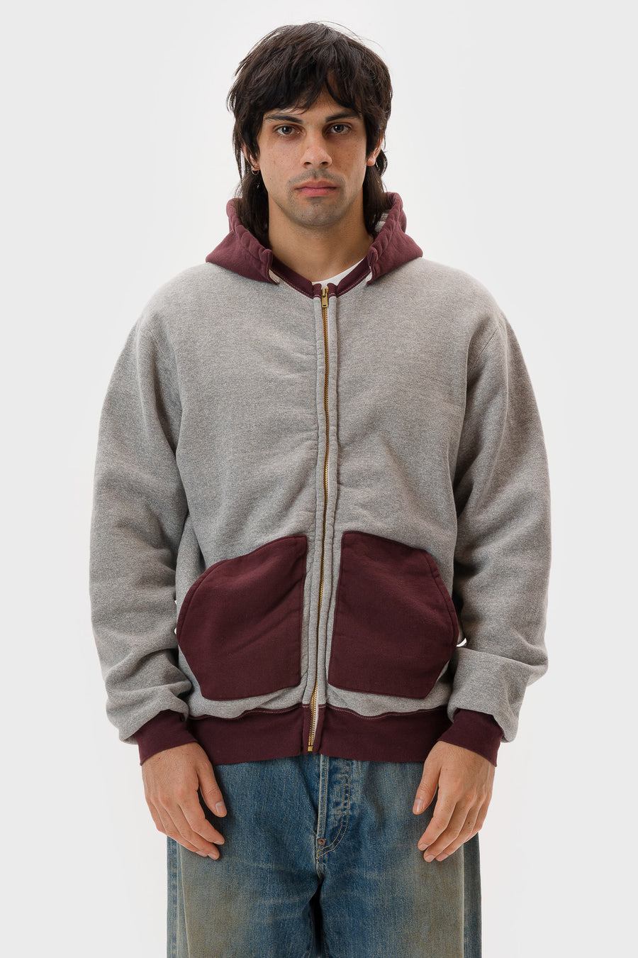 Vintage Attached Hood Zip Parka in Grey/Burgundy