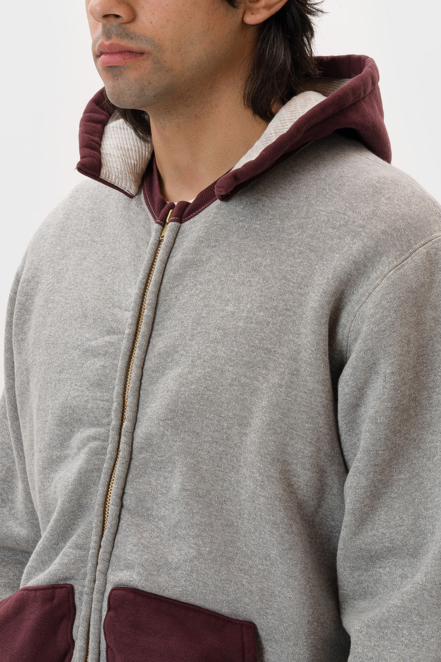 Vintage Attached Hood Zip Parka in Grey/Burgundy