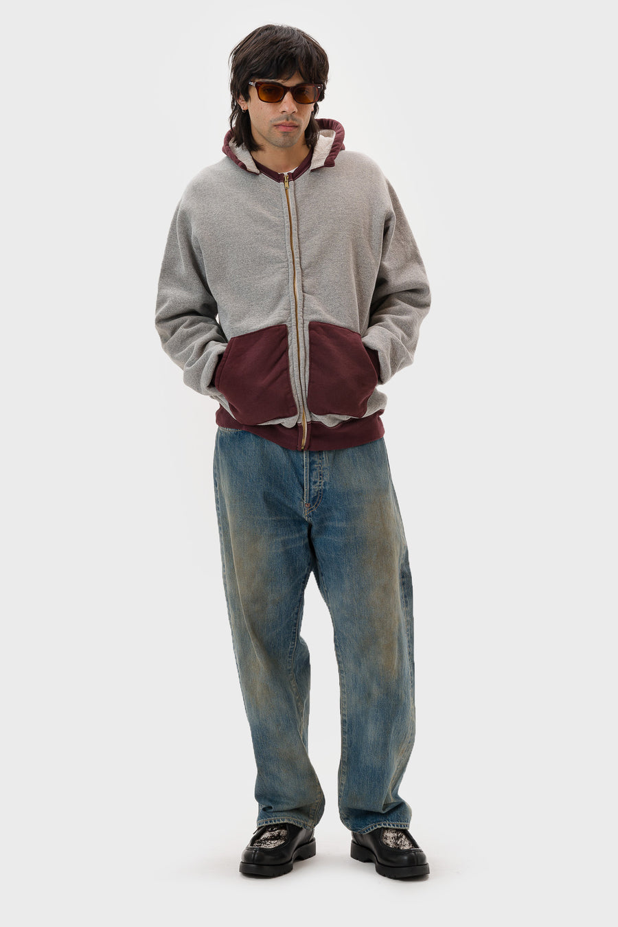 Vintage Attached Hood Zip Parka in Grey/Burgundy