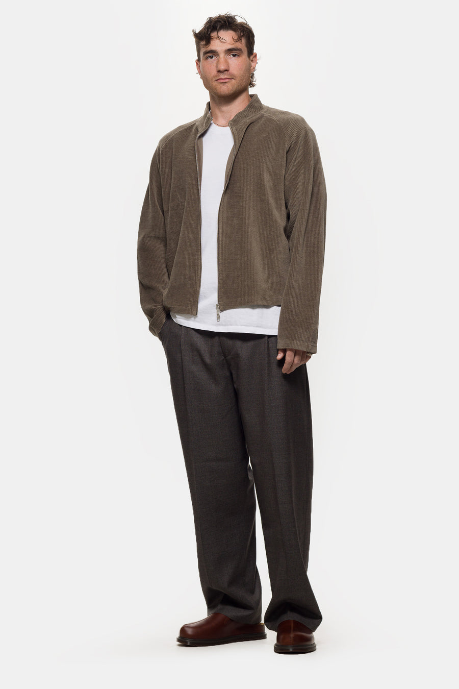 mfpen Leisure Zip Up Sweater in Faded Taupe Jersey Cord - Notre