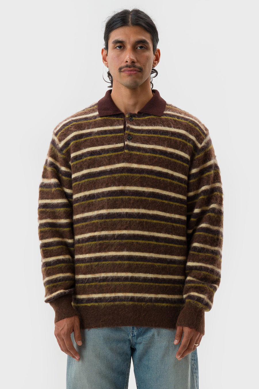 ssstein Kid Mohair Ribbed Knit LS Polo in Brown Multi - Notre