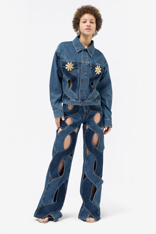 AREA Women's Rope Cutout Wide Leg Jean in Light Blue Notre